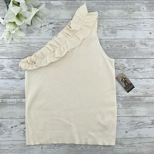 Sofia Vergara One Shoulder Ruffled Knit Tank Top Shirt Size L
